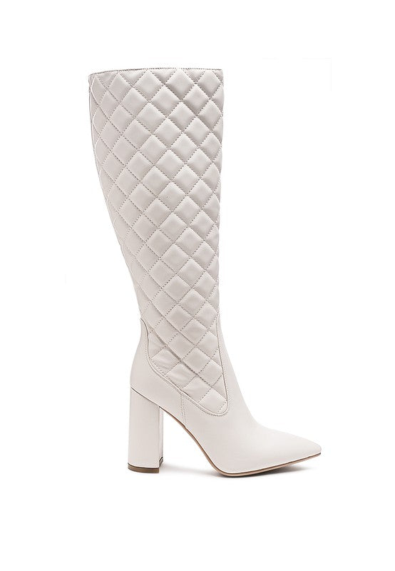 QUILT KNEE HIGH BLOCK HEELED BOOTS