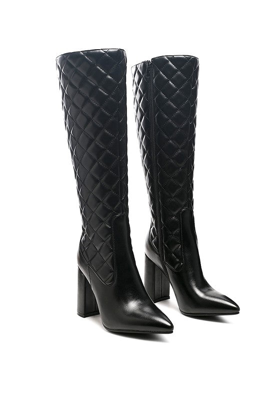 QUILT KNEE HIGH BLOCK HEELED BOOTS