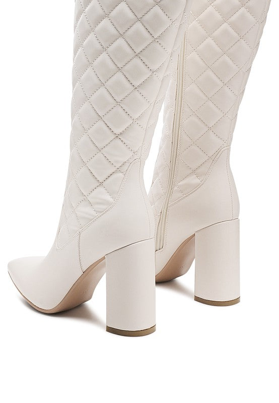QUILT KNEE HIGH BLOCK HEELED BOOTS