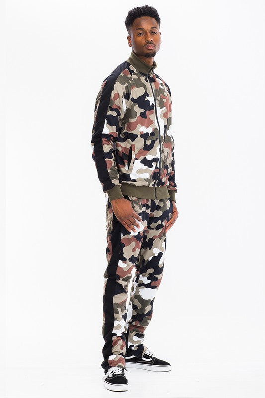 MENS FULL CAMO WITH STRIPE JACKET and PANT SET