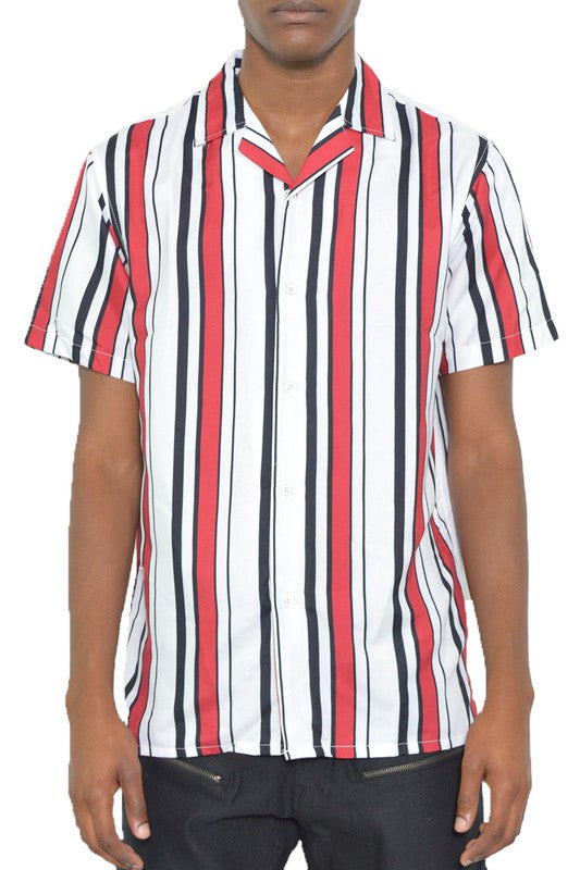 MENS SHORT SLEEVE STRIPED BUTTON DOWN SHIRT PRINT