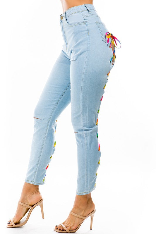 DENIM JEANS WITH COLOR MULT STRIP