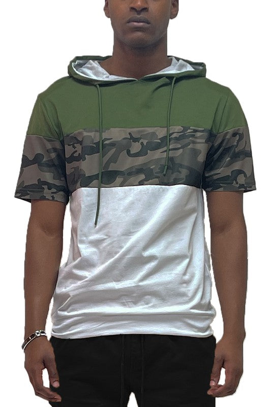 Camo and Solid Design Block Hooded Shirt