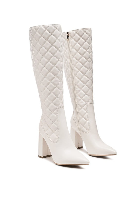 QUILT KNEE HIGH BLOCK HEELED BOOTS