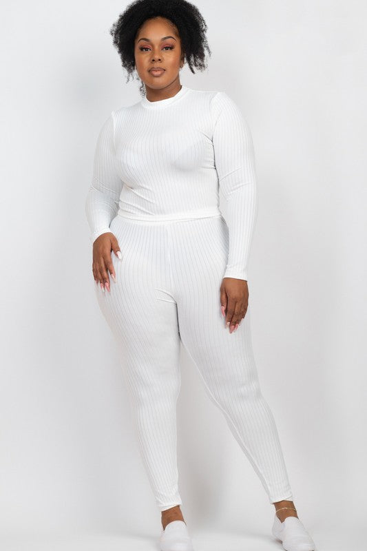 Plus Ribbed Mock Neck Long Sleeve Top&Leggings Set