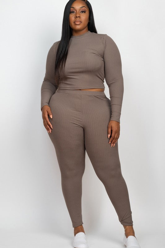 Plus Ribbed Mock Neck Long Sleeve Top&Leggings Set